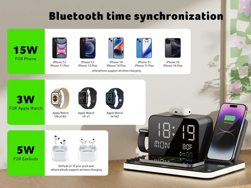 7 in 1 Wireless Charging Station with LED Night Light (Black) + Free Cable Organizer Clips