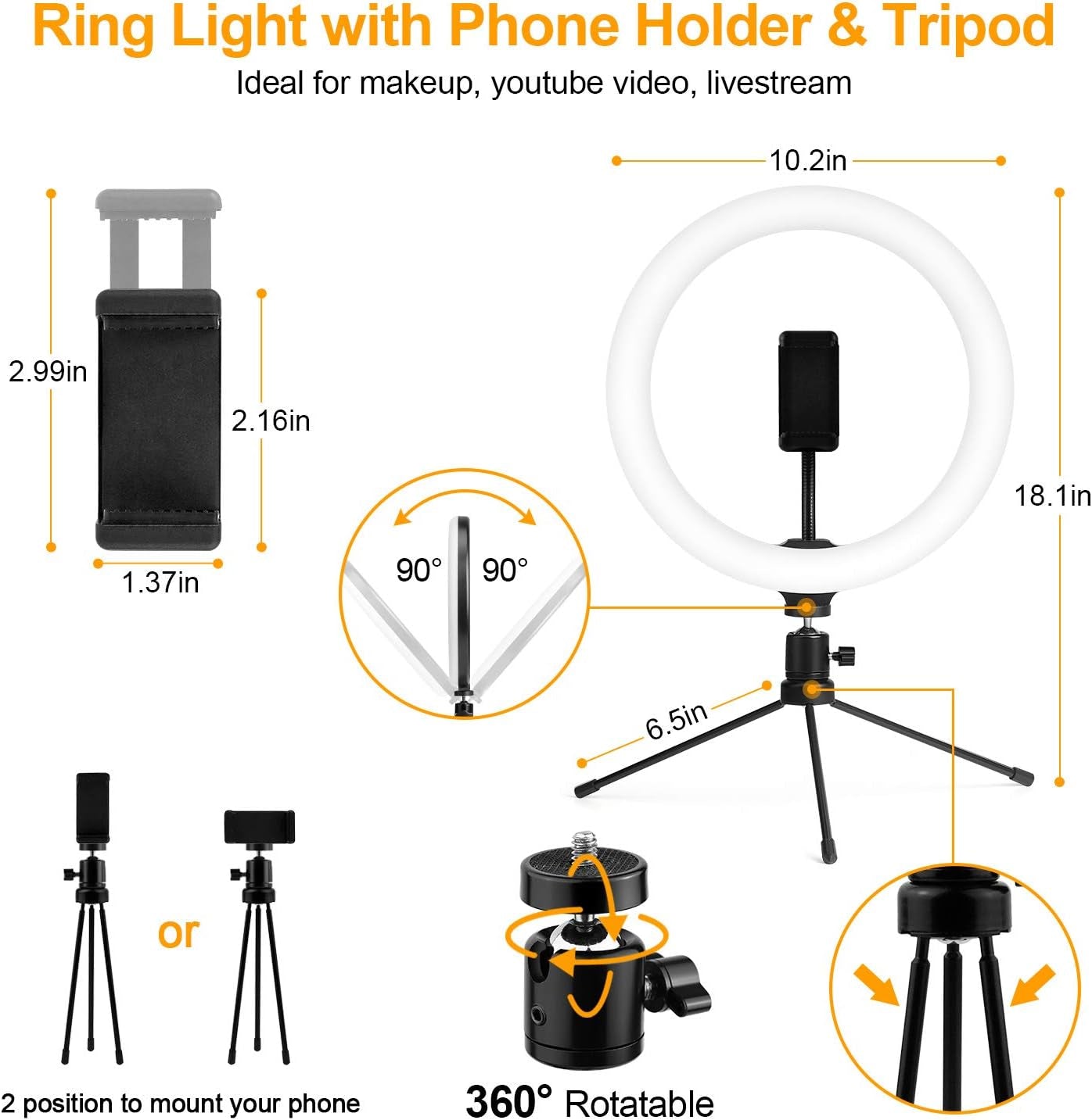 10" Ring Light, Upgraded Selfie Ring Light with Tripod Stand & Cell Phone Holder Dimmable LED Circle Lights for Live Stream, Makeup, Youtube Video, Tiktok, Selfie Photography Iphone Android