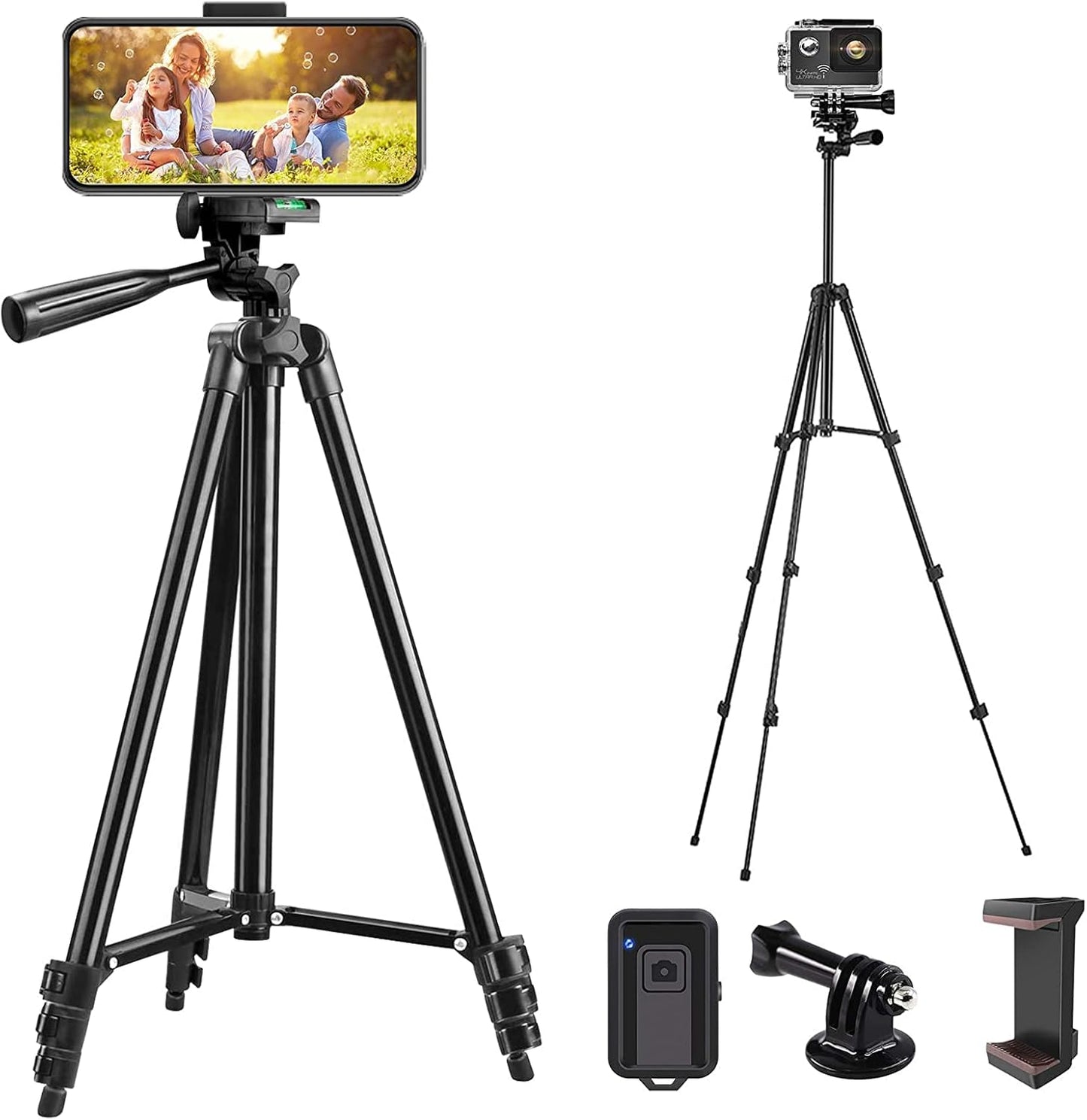 Phone Tripod, 42 Inches Portable Adjustable Cell Phone Tripod Stand with Phone Mount & Wireless Control Remote for Iphone/Android Smartphone - Black