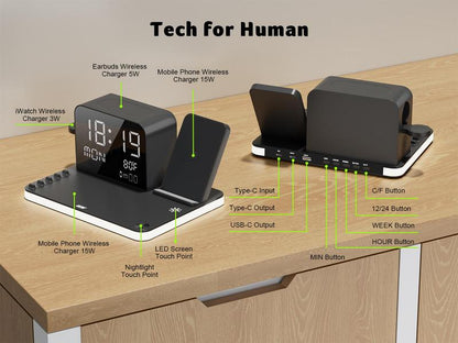 7 in 1 Wireless Charging Station with LED Night Light (Black) + Free Cable Organizer Clips
