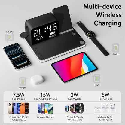 7 in 1 Wireless Charging Station with LED Night Light (Black) + Free Cable Organizer Clips