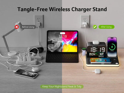 7 in 1 Wireless Charging Station with LED Night Light (Black) + Free Cable Organizer Clips