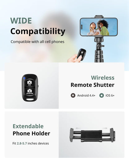 62" Phone Tripod & Selfie Stick, Extendable Cell Phone Tripod Stand with Wireless Remote and Phone Holder, Compatible with Iphone Android Phone, Camera