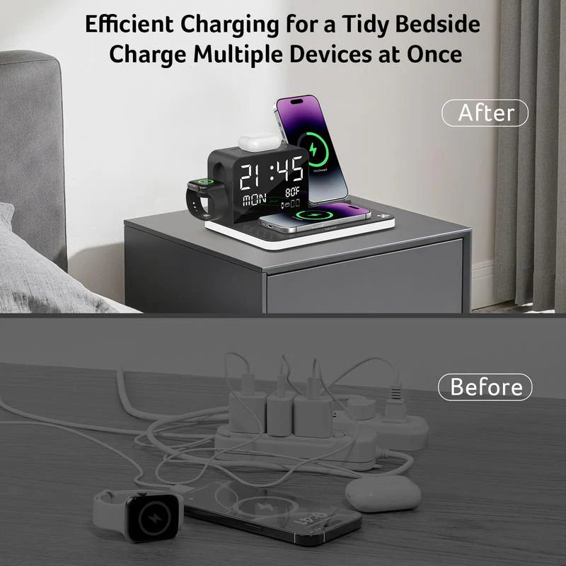 7 in 1 Wireless Charging Station with LED Night Light (Black) + Free Cable Organizer Clips