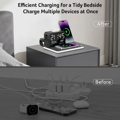 7 in 1 Wireless Charging Station with LED Night Light (Black) + Free Cable Organizer Clips