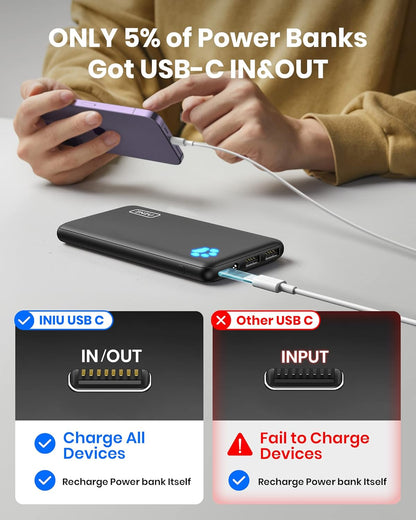 Portable Charger, Slimmest 10000Mah 5V/3A Power Bank, USB C In&Out High-Speed Charging Battery Pack, External Phone Powerbank Compatible with Iphone 16 15 14 13 12 Samsung S22 S21 Google Ipad Etc