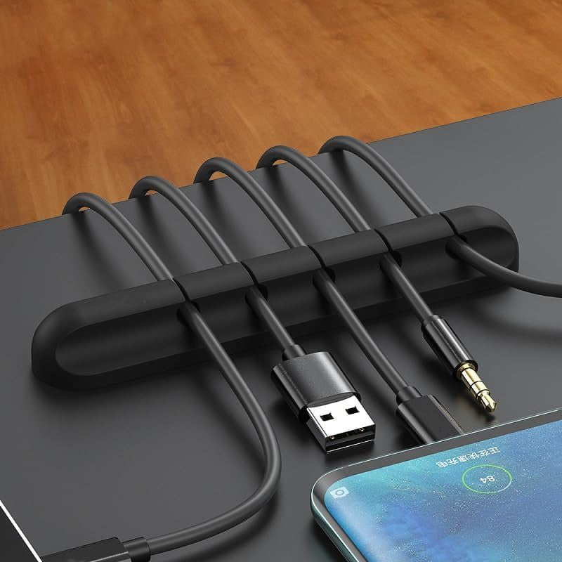 Cable Organizer Clips - 5-Slot Desktop Cord Manager, 4.5" L × 1" W × 0.6" H, Non-Slip Wire Holder for Office, Bedroom Black