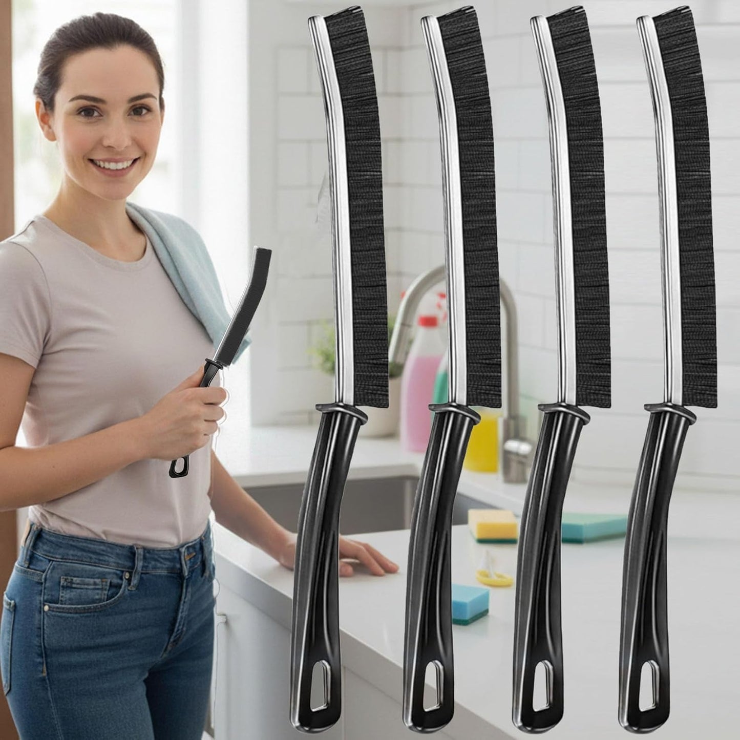 Crevice Cleaning Brushes Set 4 Pack, Small Grout and Gap Cleaner Brushes for Shower, Tile, Toilet, Kitchen and Bathroom, Narrow Scrub Brushes for Household Use and Deep Cleaning