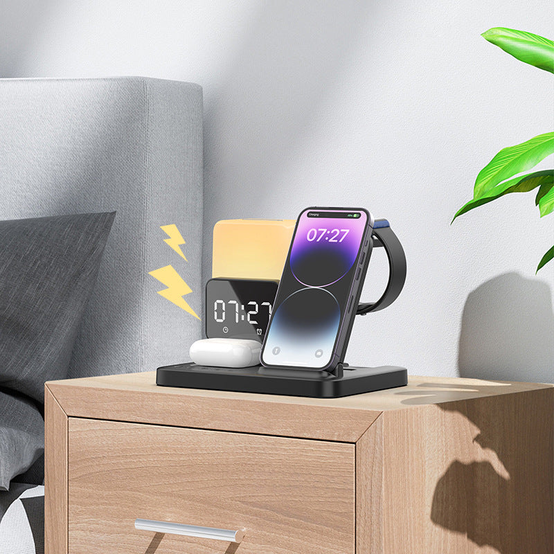 6 in 1 Wireless Charging Station with LED Night Light (Black) + Free Cable Organizer Clips