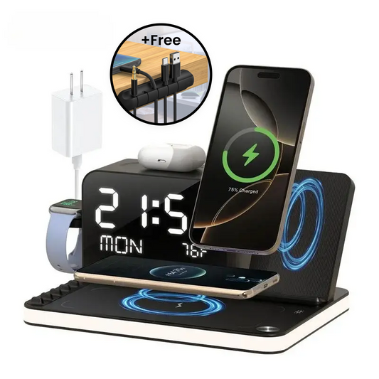 7 in 1 Wireless Charging Station with LED Night Light (Black) + Free Cable Organizer Clips