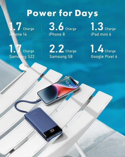 Portable Charger with Built in Cables, Portable Charger with Cords Wires Slim 10000Mah Travel Essentials Battery Pack 6 Outputs 3A High Speed Power Bank for Iphone Samsung Pixel LG Moto Ipad