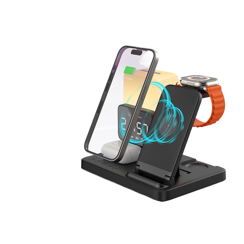 6 in 1 Wireless Charging Station with LED Night Light (Black) + Free Cable Organizer Clips