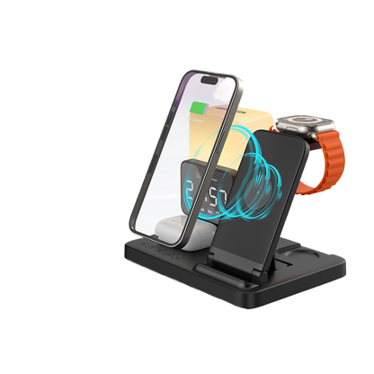6 in 1 Wireless Charging Station with LED Night Light (Black) + Free Cable Organizer Clips