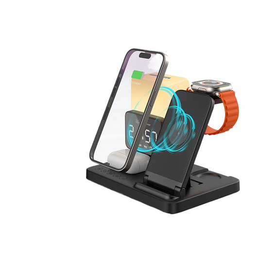 6 in 1 Wireless Charging Station with LED Night Light (Black) + Free Cable Organizer Clips